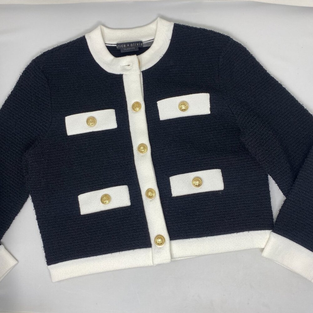 Alice + Olivia Claira Black/Soft White Cardigan Small - Picture 7 of 12